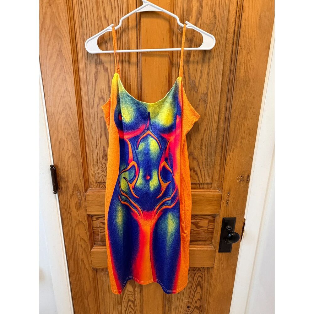 Finesse Thermal Heat Map Body Print Mini Dress XL Orange Y2K Rave Festival